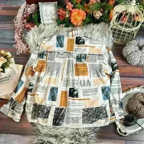 Newspaper All over Print Slogan Collared Button Front Drop Shoulder Blouse, L - Picture 10 of 13
